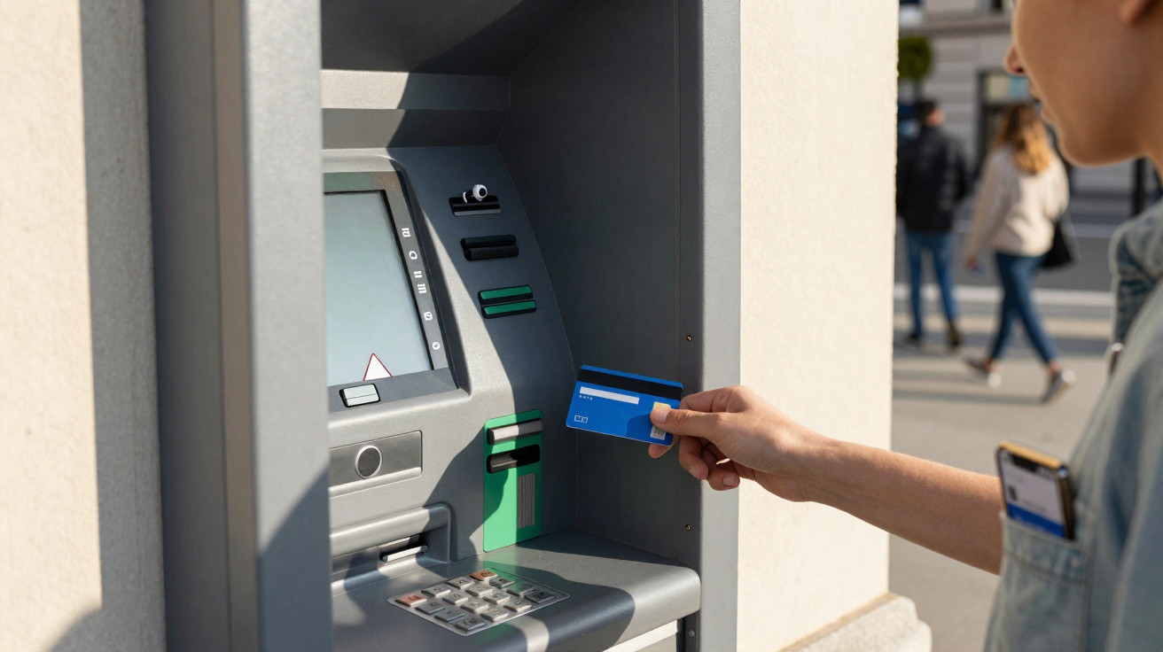 Pessoa a inserir cartão num multibanco instalado numa rua urbana, com gente a passar ao fundo.