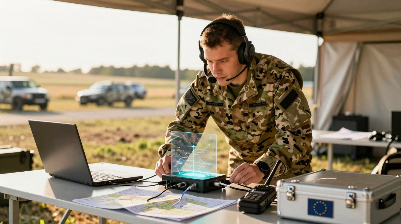 Soldado com uniforme camuflado usa auriculares e interage com dispositivo tecnológico holográfico numa mesa de campo.