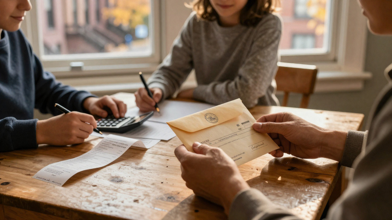 Adulto a segurar envelope e crianças a usar calculadora e lápis numa mesa de madeira.
