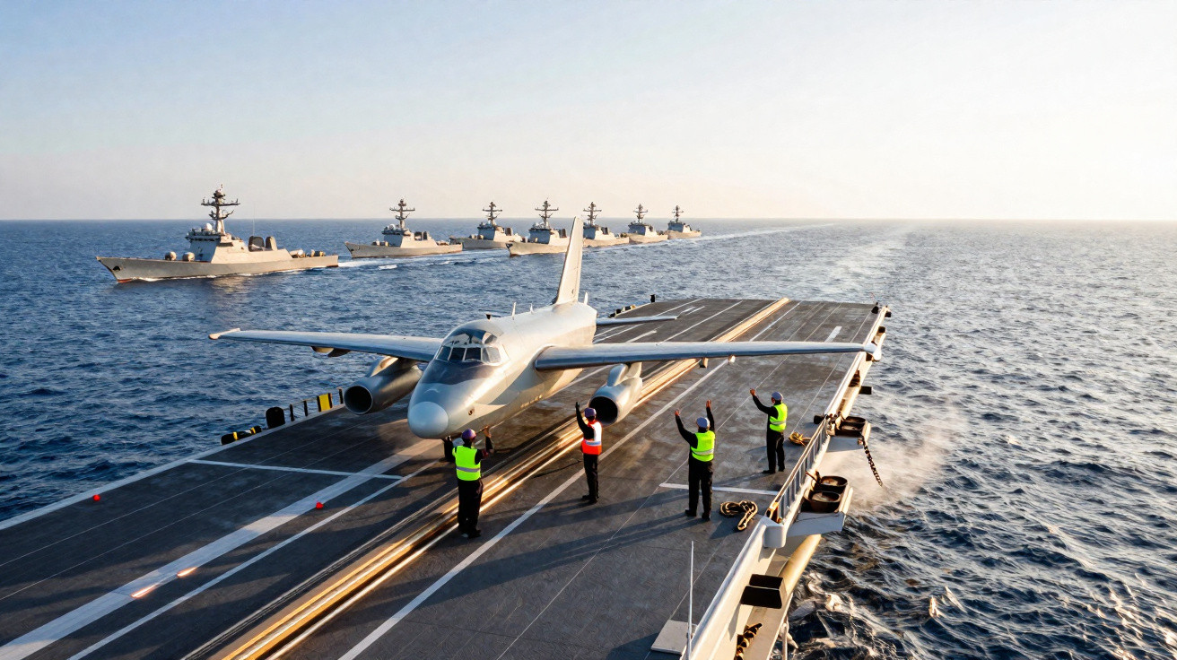 Avião militar a preparar descolagem em porta-aviões com navios de guerra a acompanhar no mar.