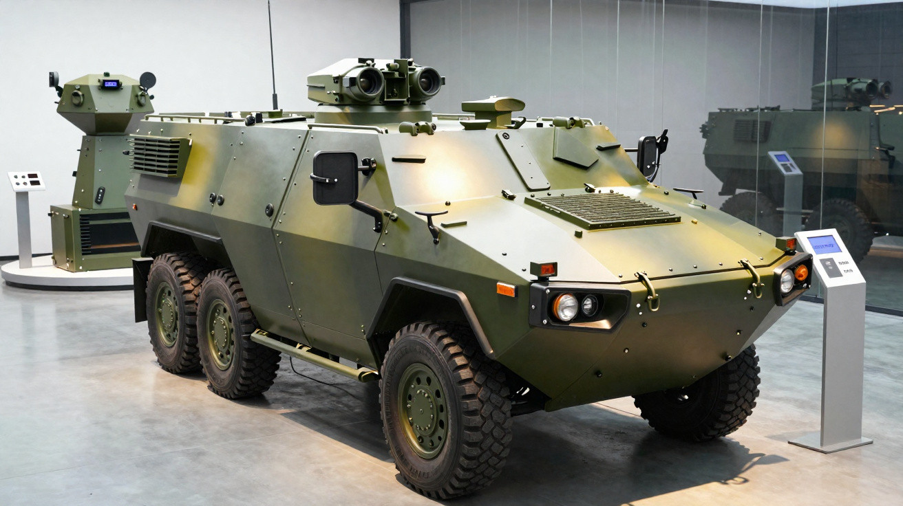 Veículo blindado militar verde com seis rodas exposto em interior de museu moderno.
