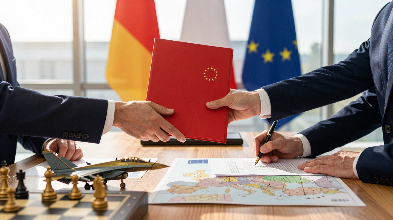 Duas pessoas trocam documento vermelho com símbolo da UE, com bandeiras e mapa de Europa numa mesa.