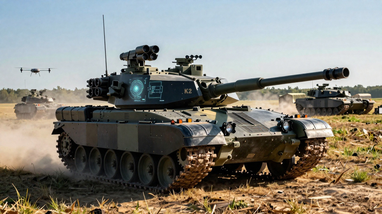 Tanque militar K2 em terreno aberto com veículos e um drone ao fundo em dia claro.