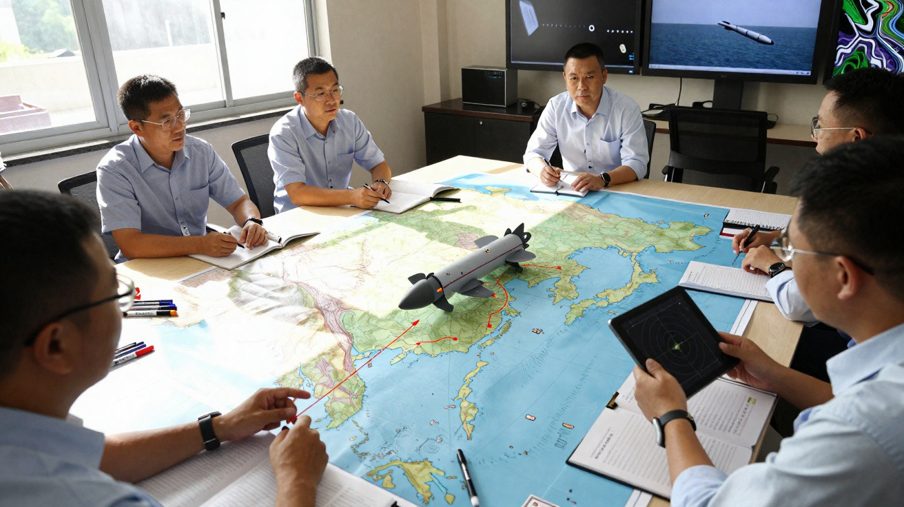 Seis homens em reunião sobre mesa com mapa e modelo de mísseis, discutindo estratégia militar.