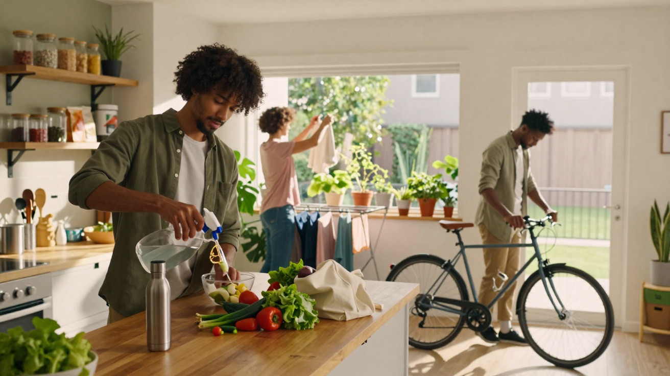 Três pessoas em casa, uma a lavar legumes, outra a estender roupa e outra com bicicleta perto da porta.