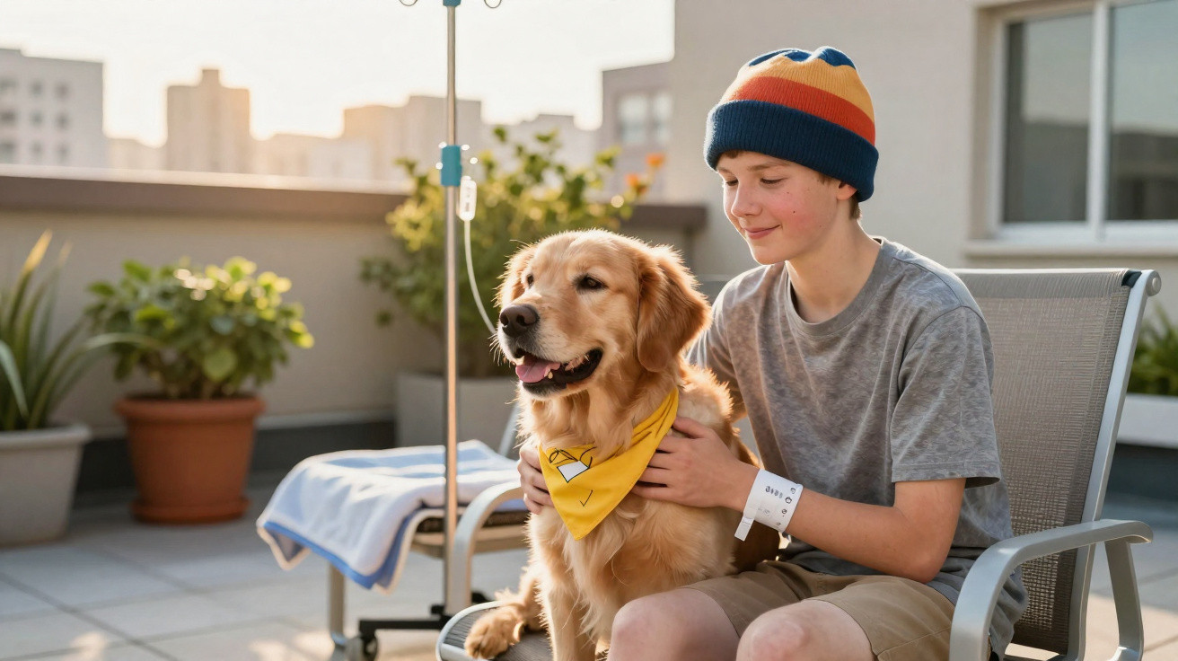 Rapaz com gorro colorido sentado ao ar livre com cão dourado com bandana amarela e suporte de soro.