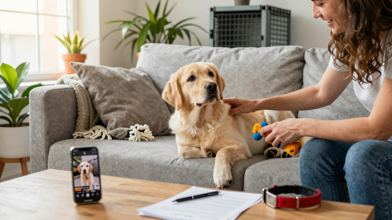 Mulher a fotografar cão golden retriever no sofá com brinquedo colorido numa sala iluminada.