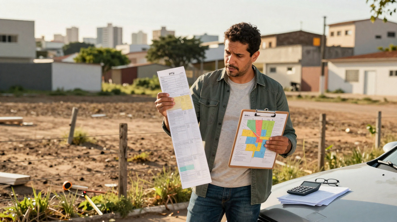 Homem analisa documentos e planta de terreno ao ar livre, junto a viatura e área urbana.