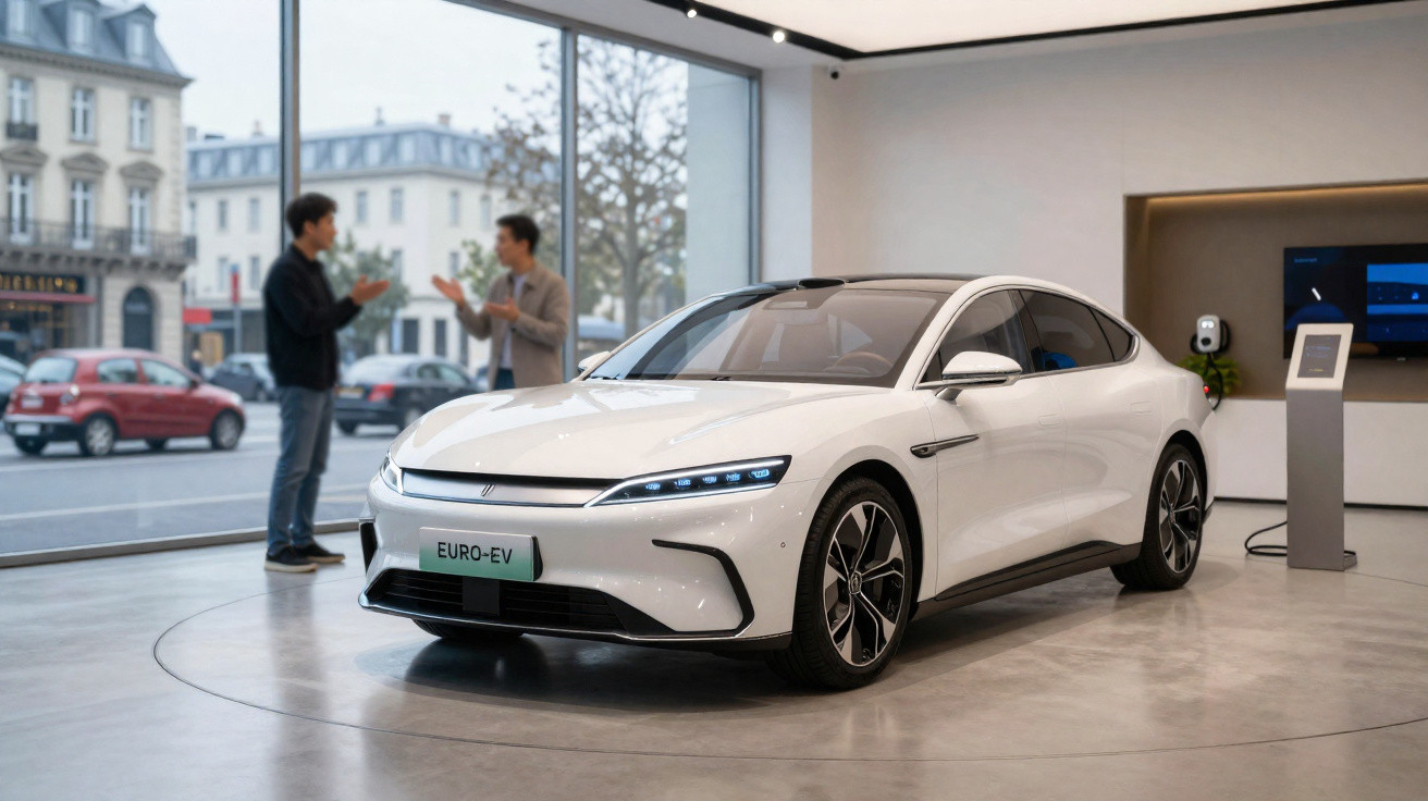 Carro elétrico branco modelo Euro-EV em exposição numa sala moderna com janelas amplas e duas pessoas ao fundo.