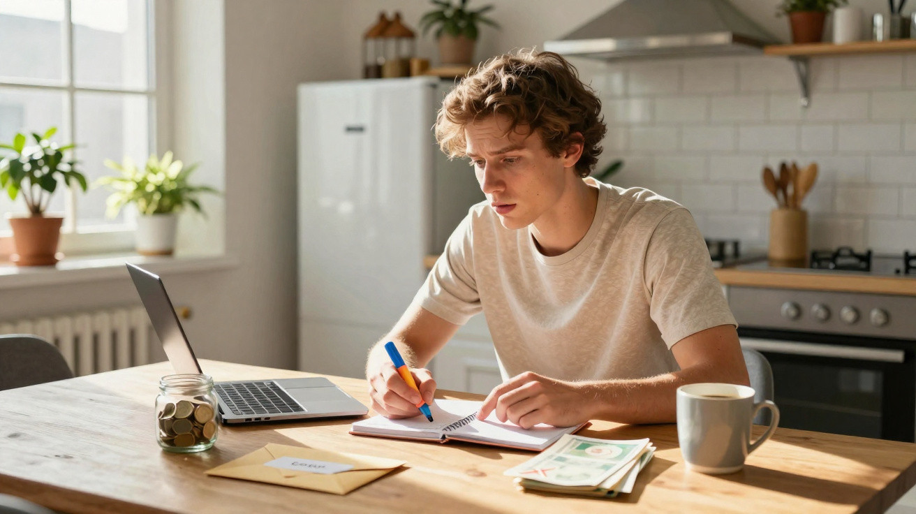 Jovem sentado à mesa na cozinha a escrever numa agenda com laptop, dinheiro e envelope à sua frente.