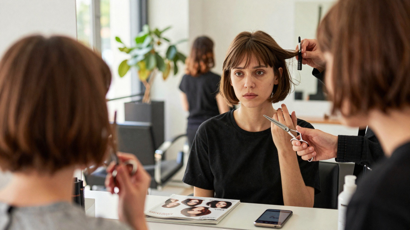Mulher com cabelo curto castanho sentado em cadeira de cabeleireiro com profissional a aparar o cabelo.