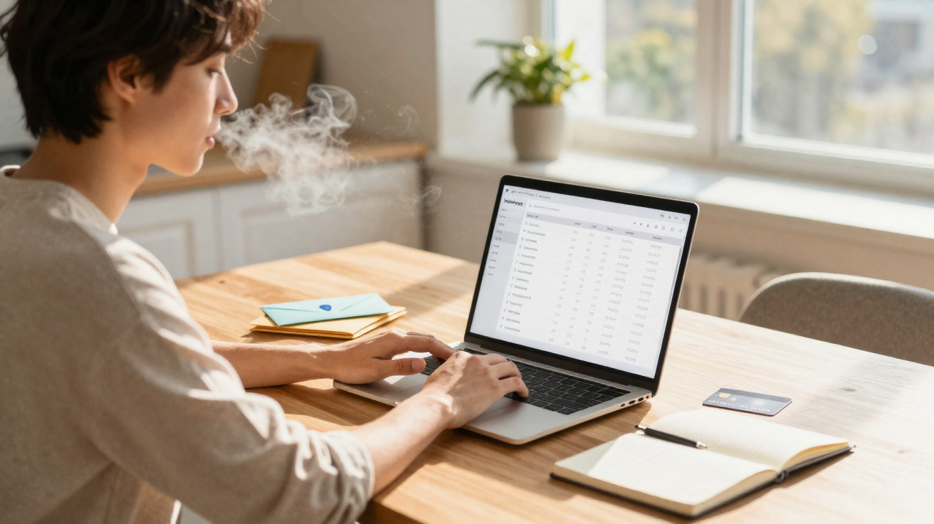 Pessoa a trabalhar num computador portátil numa mesa de madeira com caderno e cartão de crédito perto.