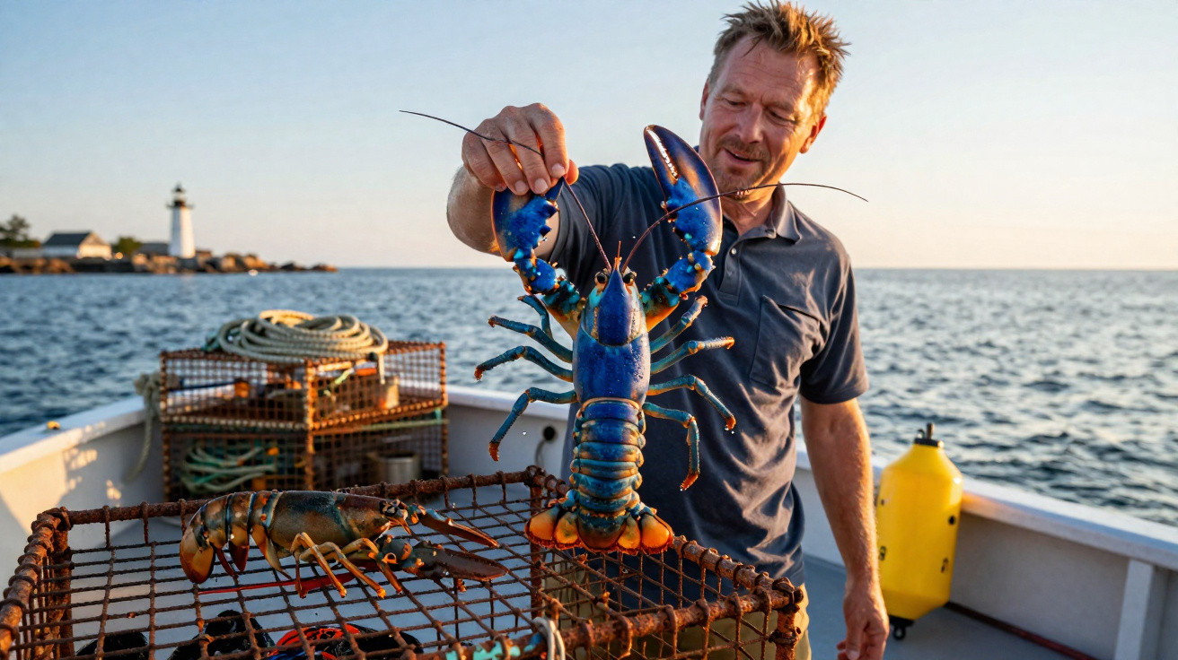 Homem num barco a segurar uma lagosta azul com armadilhas e mar ao fundo ao pôr do sol.