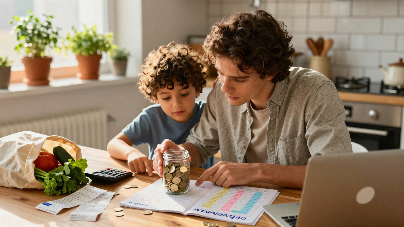 Pai e filho a poupar dinheiro e a analisar orçamento numa cozinha iluminada durante o dia.