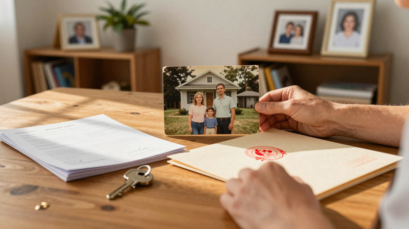 Pessoa a segurar uma fotografia de família em frente a uma casa, com documentos e chave em cima da mesa.