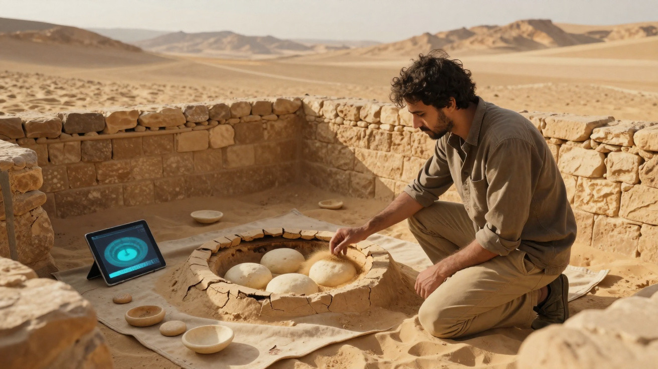 Homem a cozer pão tradicional num forno antigo ao ar livre num deserto com tablet ao lado.