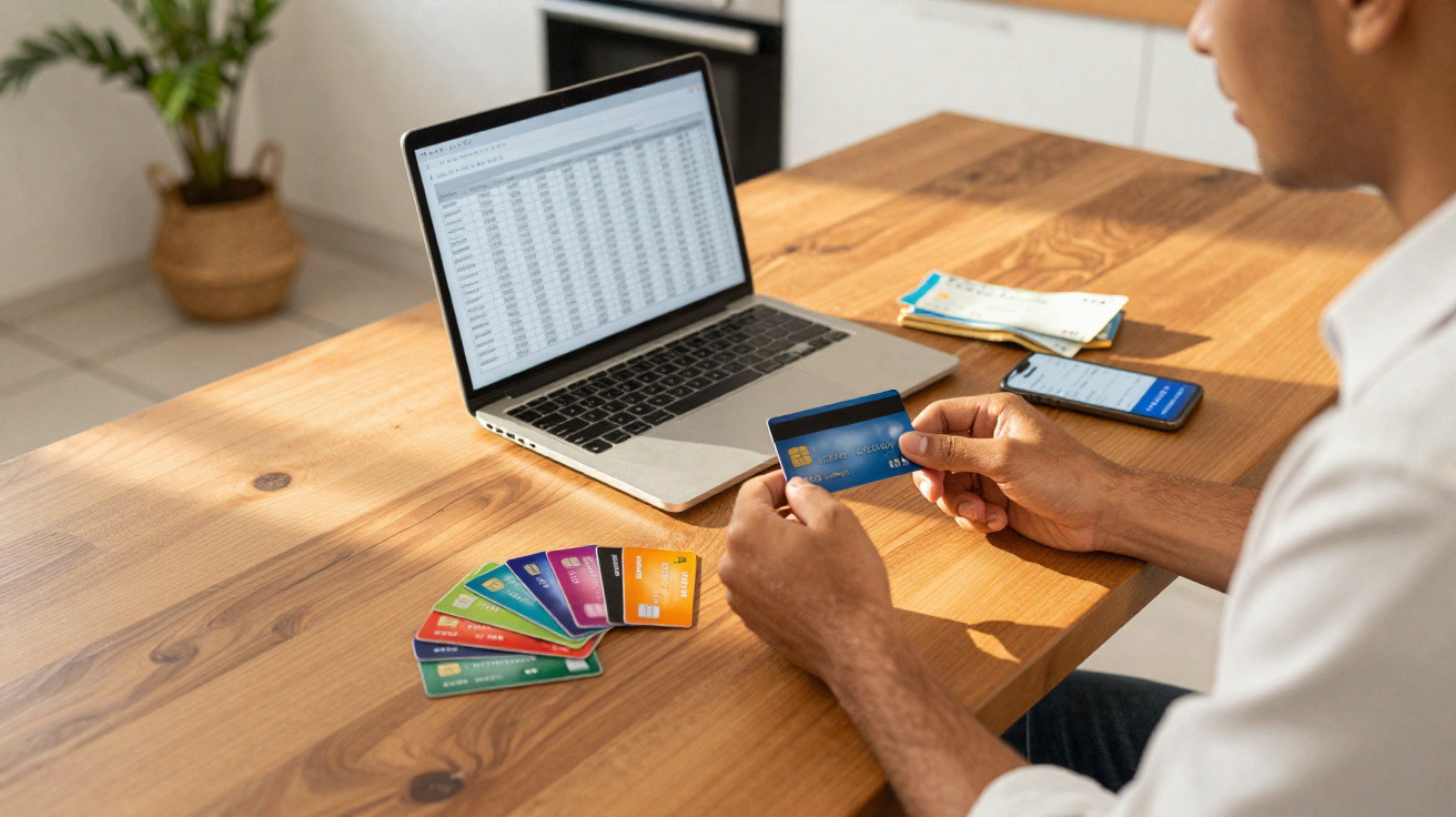Pessoa a fazer gestão financeira com vários cartões de crédito, computador portátil e smartphone numa mesa de madeira.