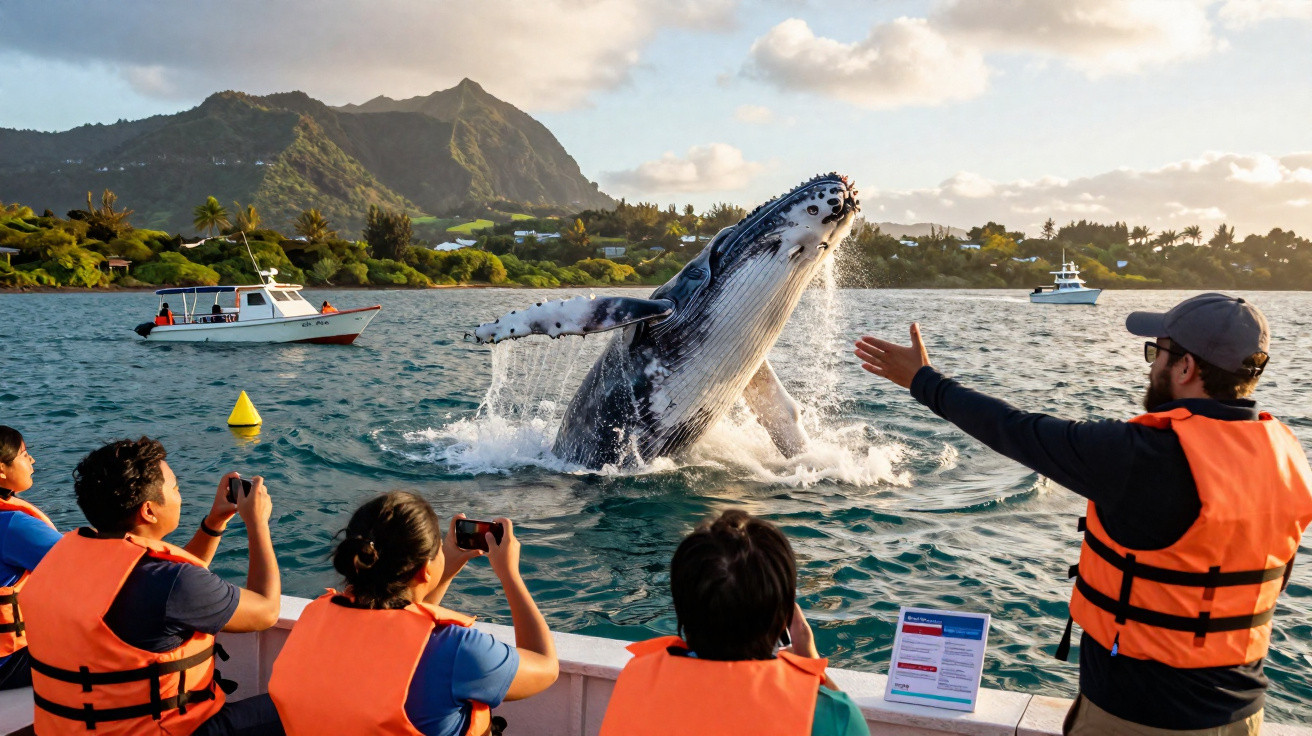 Turistas de coletes laranja observam e fotografam baleia a saltar perto de barco em paisagem costeira montanhosa.