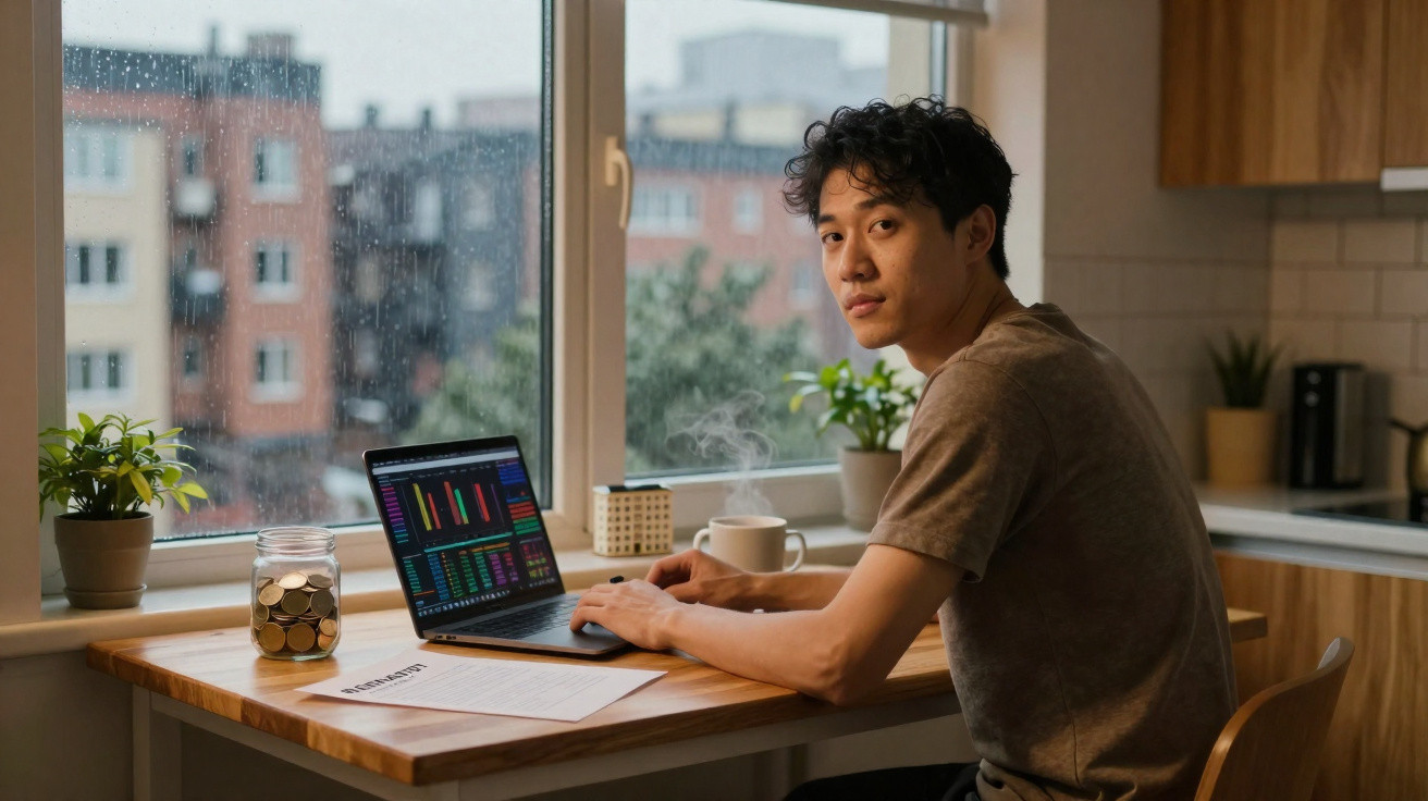 Homem a trabalhar num computador portátil numa mesa junto a uma janela com chuva, com gráfico financeiro no ecrã.