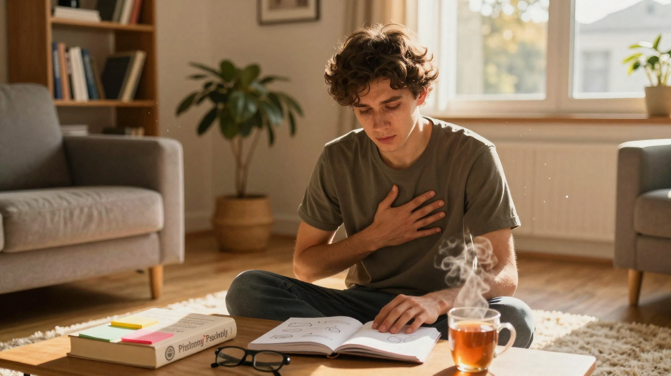 Jovem sentado no chão de casa a estudar, com chá quente e livros sobre a mesa à sua frente.