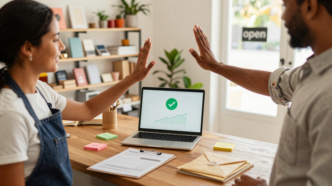 Duas pessoas a fazer um high-five em frente a um portátil com gráfico de sucesso numa mesa de escritório.