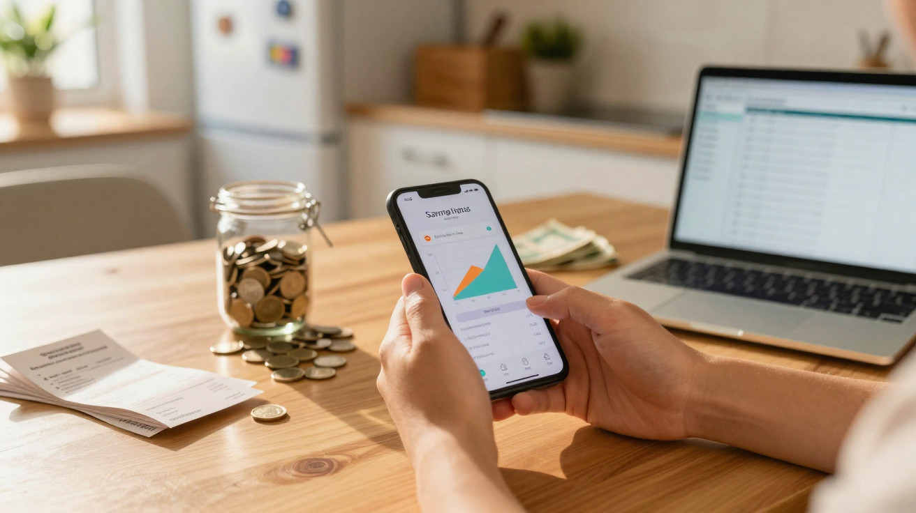 Pessoa a consultar aplicação financeira num smartphone, com moedas, extratos e computador ao fundo numa mesa de madeira.