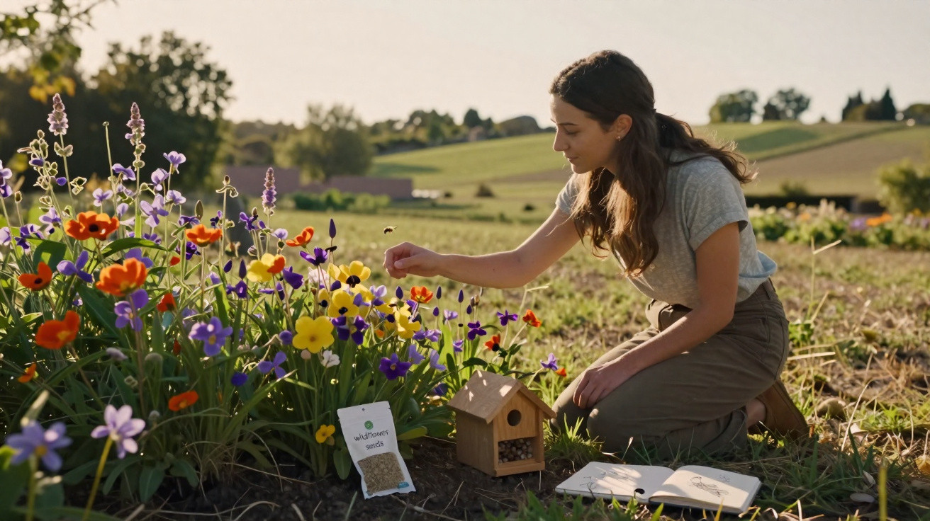 Mulher ajoelhada num campo a cuidar de flores coloridas com caixa de insectos e caderno aberto ao lado.