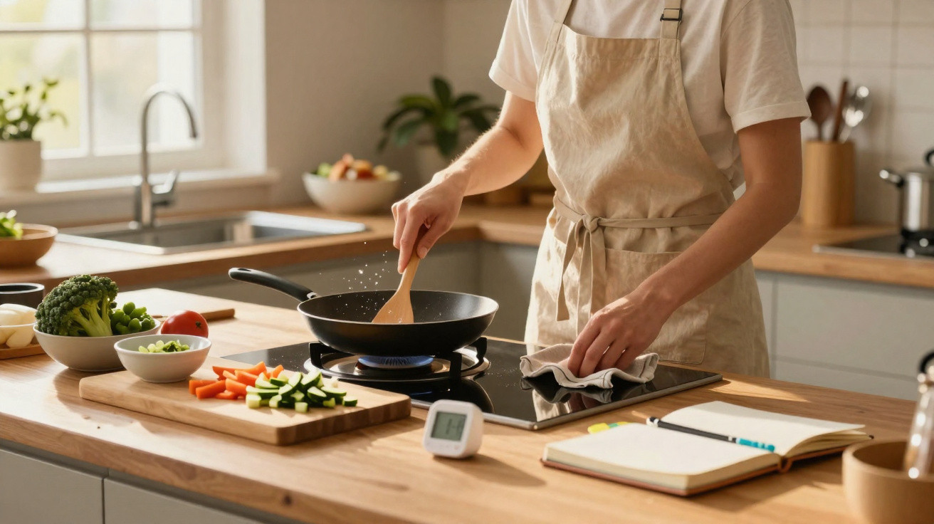 Pessoa a cozinhar com legumes frescos numa cozinha moderna e luminosa.