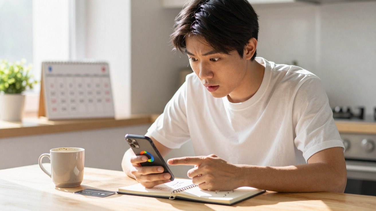 Jovem sentado à mesa a olhar surpreso para o smartphone, com caderno e caneca à sua frente numa cozinha.