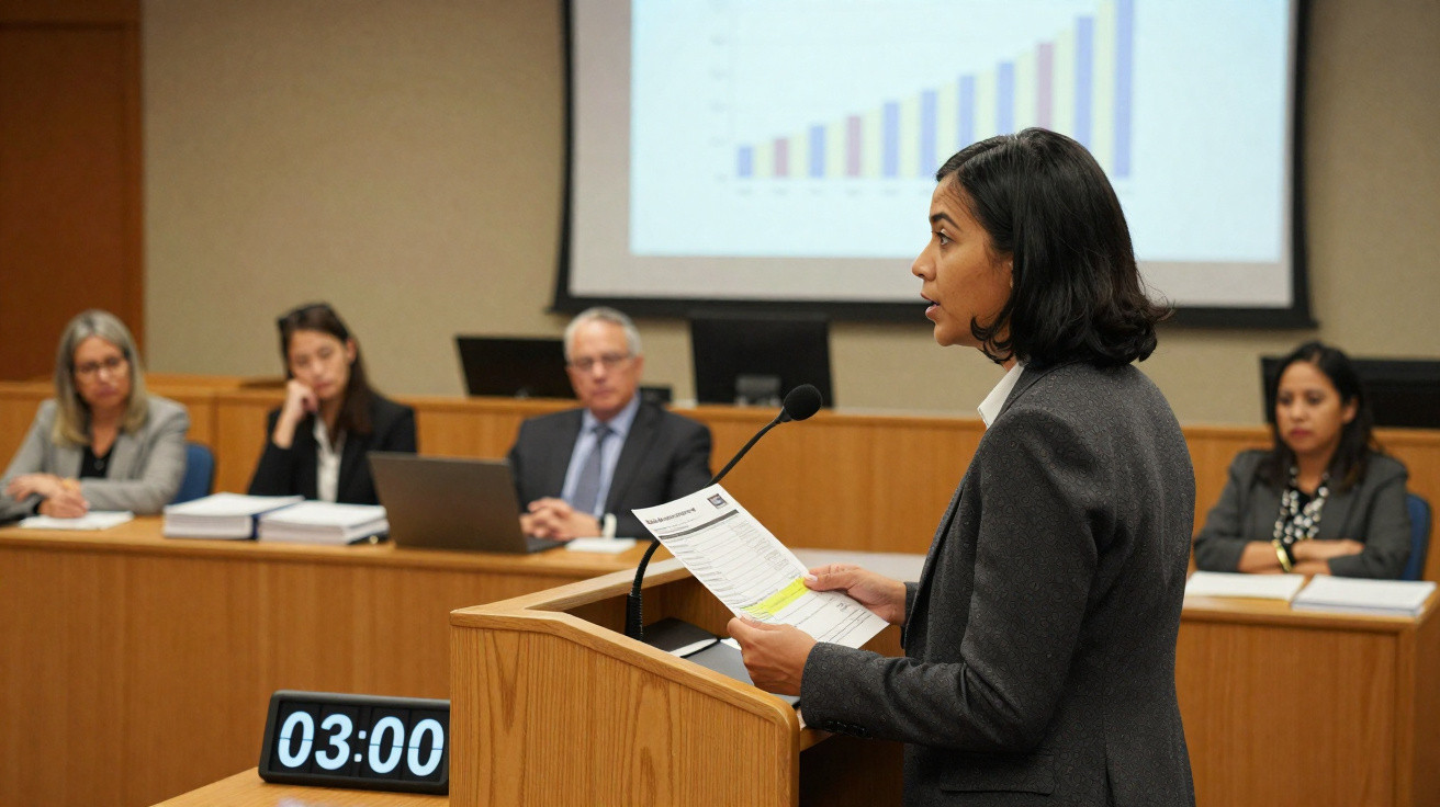 Mulher a apresentar um relatório num tribunal diante de juízes e com gráfico projetado ao fundo.