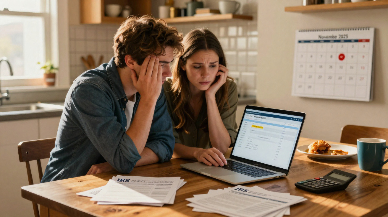 Jovem casal preocupado a analisar documentos e faturas na cozinha com laptop e calendário ao fundo.