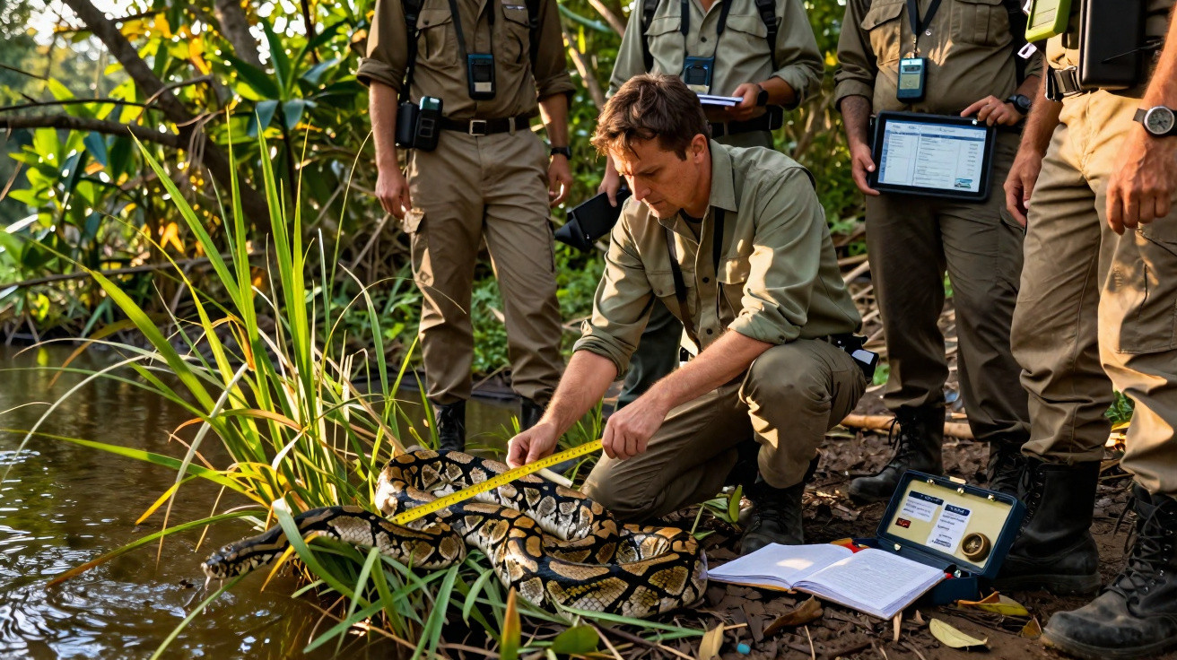 Biólogo mede cobra em zona húmida com equipa em trabalho de campo rodeada de equipamentos e vegetação densa.