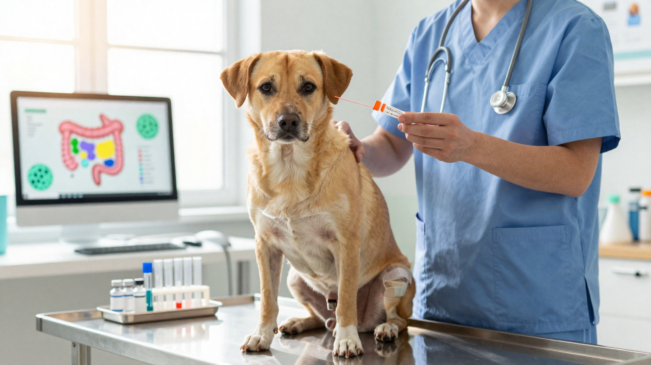 Cão castanho numa mesa de consulta veterinária com veterinário a segurar medicação e monitor com imagem de intestino.