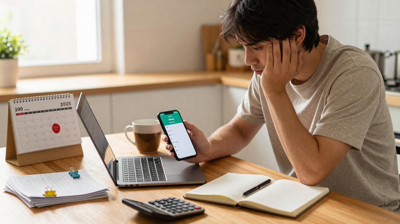 Jovem sentado numa mesa a trabalhar com portátil, calendário, caderno, calculadora e telefone móvel na mão.