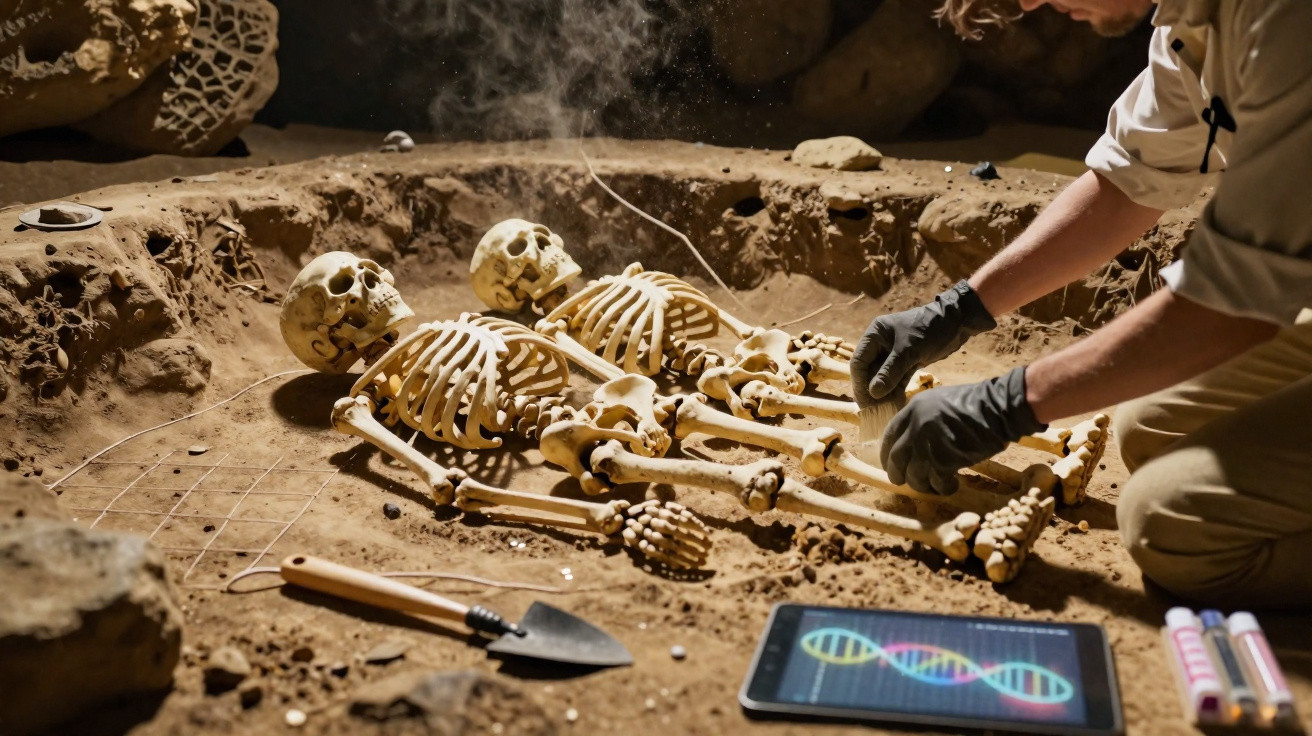 Investigador analisa dois esqueletos humanos escavados num sítio arqueológico com tablet e ferramentas à volta.
