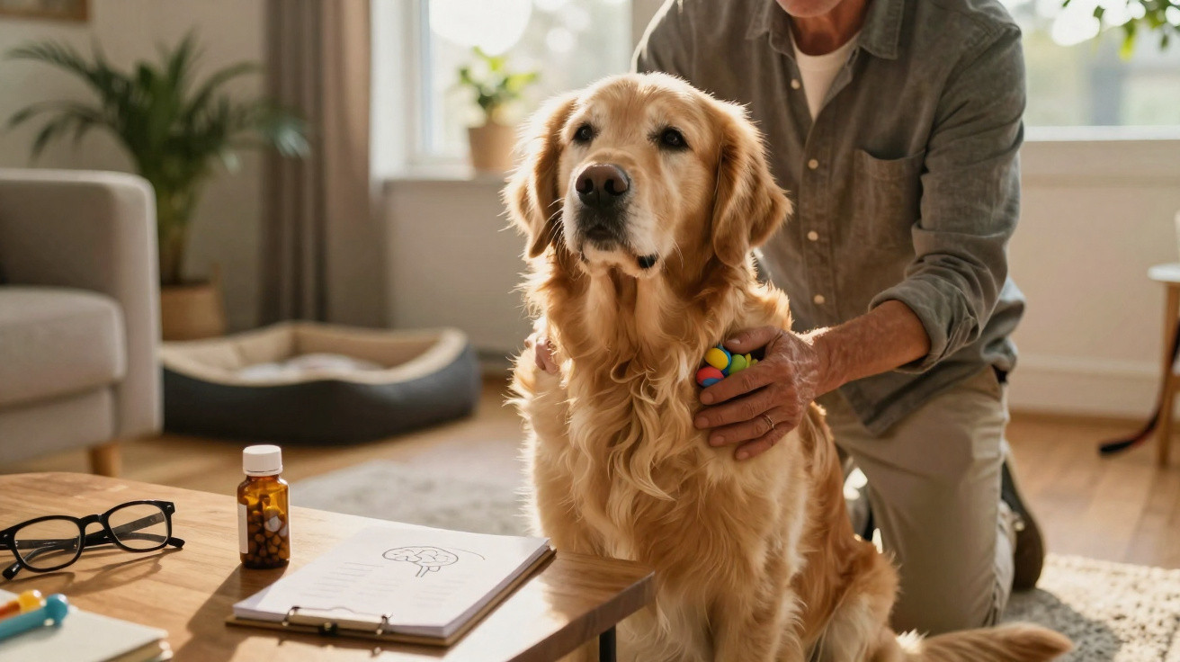 Cão dourado sentado enquanto uma pessoa lhe aplica medicação com um ambiente acolhedor ao fundo.