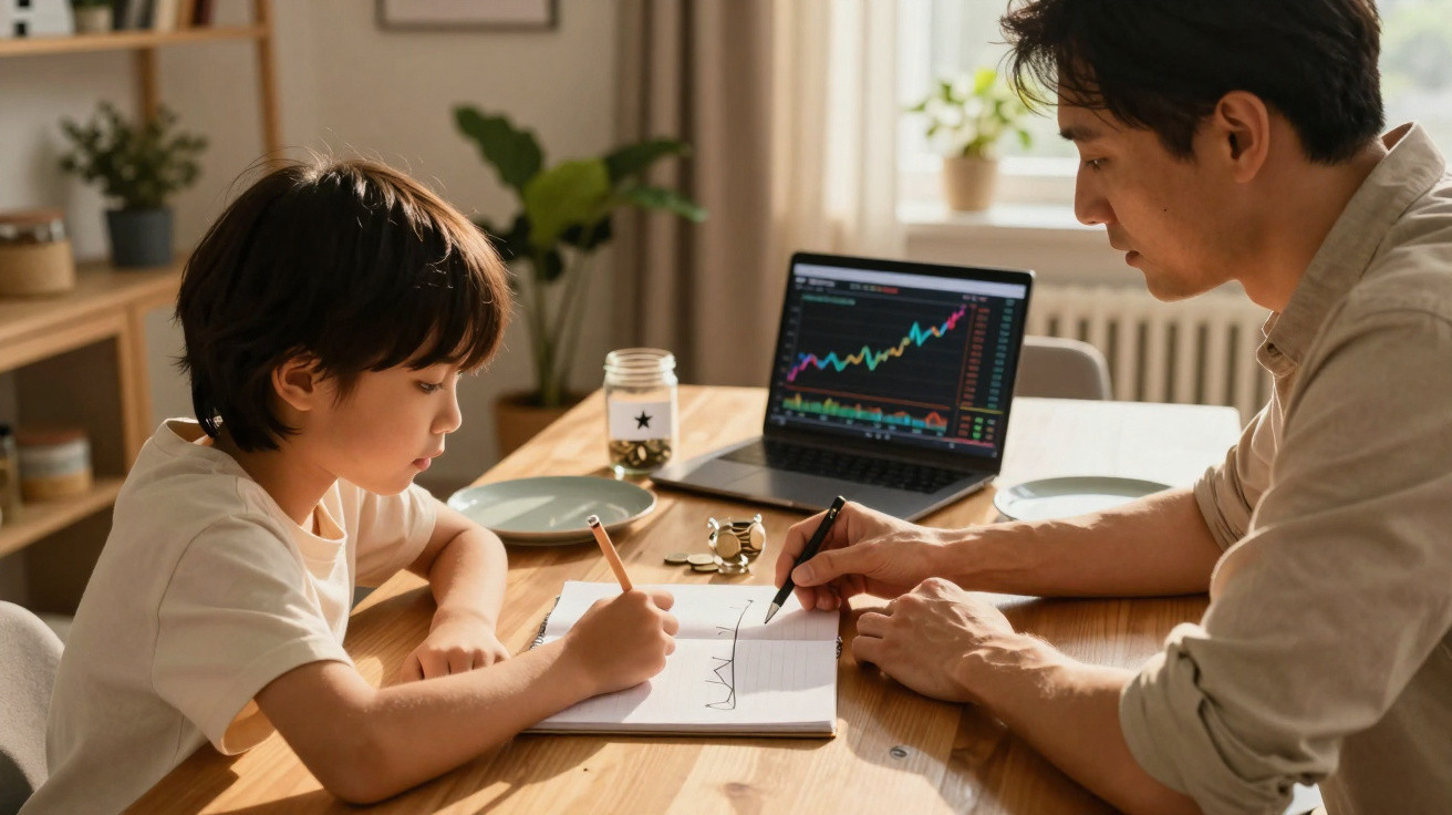 Pai e filho a desenhar gráficos juntos numa mesa com portátil aberto a gráfico financeiro.