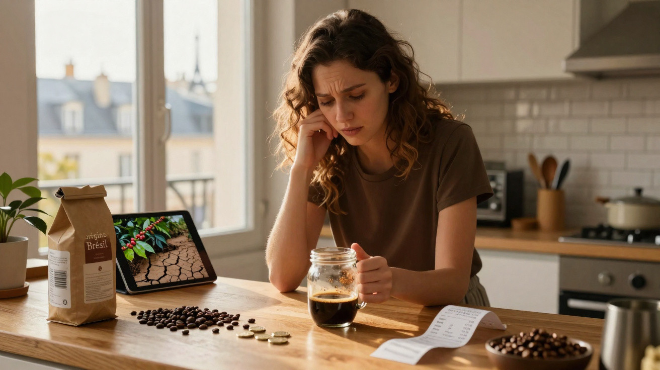 Mulher preocupada conta moedas na cozinha, café na mão, pacote de café e tablet com imagem de secura na mesa.