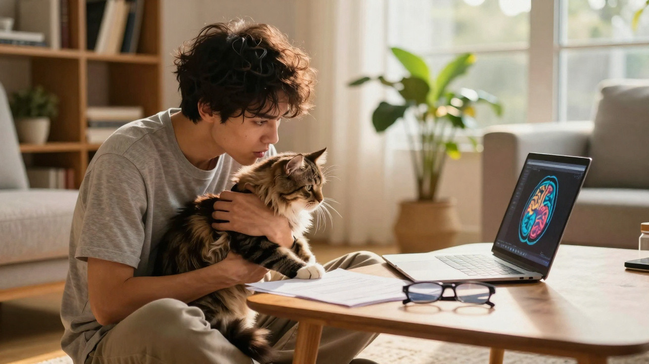Jovem sentado no chão junto a uma mesa baixa, segurando um gato e olhando para o ecrã de um portátil.