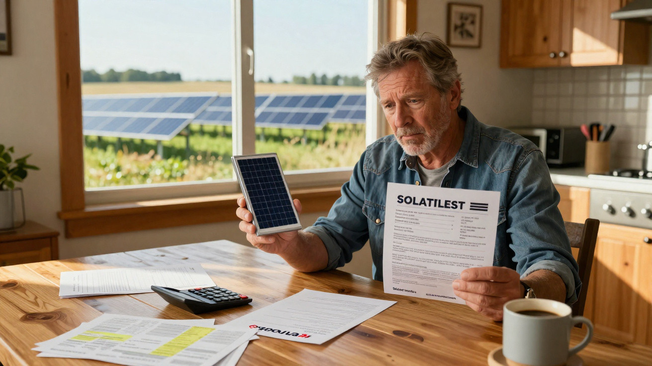 Homem sentado à mesa com documentos e uma mini placa solar, ao fundo painéis solares no exterior.