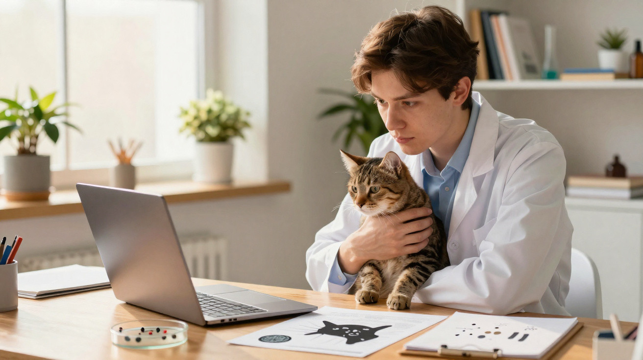 Veterinário jovem com bata branca segura gato tigrado enquanto consulta informações num computador portátil.