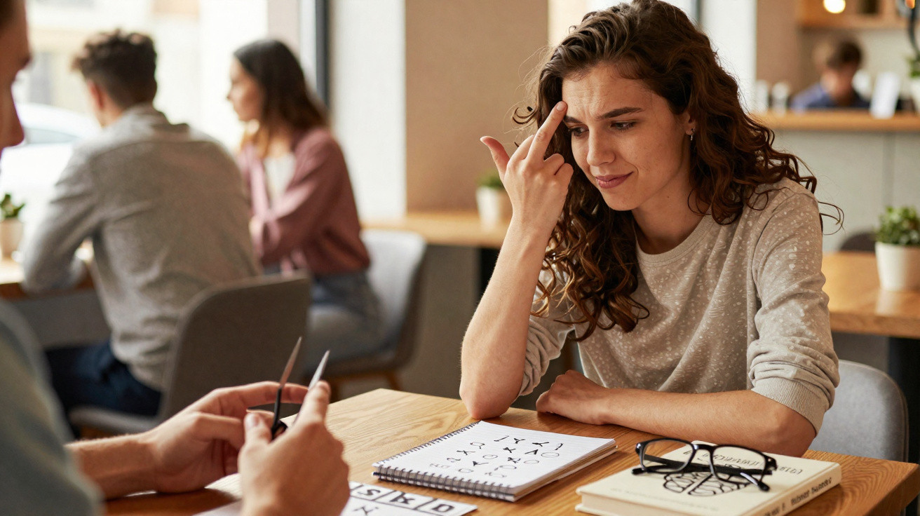 Mulher com expressão frustrada tenta resolver exercícios escritos à sua frente numa mesa de estudo.