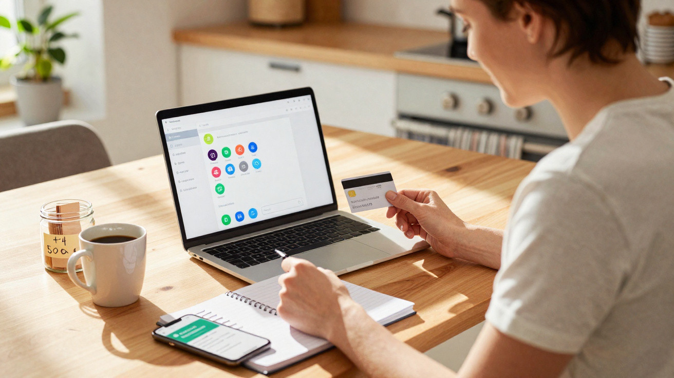 Pessoa a fazer compras online num portátil, segurando um cartão de crédito, com telemóvel e caderno na mesa.