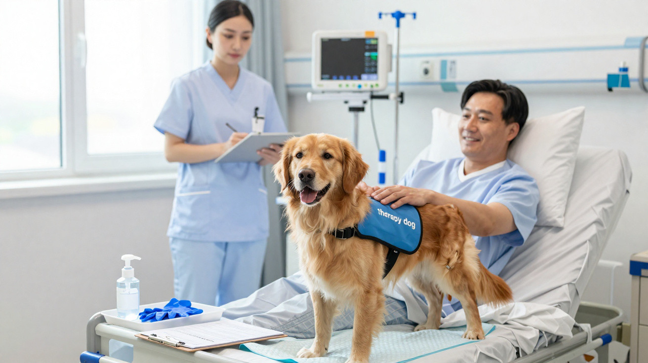 Paciente num hospital a receber visita de cão de terapia com enfermeira a tomar notas ao fundo.