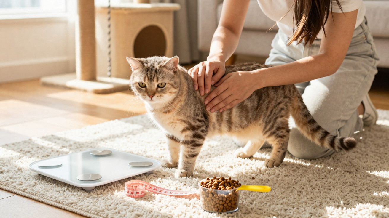 Pessoa a tocar num gato cinzento junto a uma balança, fita métrica e ração para gato numa sala iluminada.