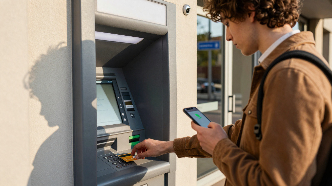 Jovem a retirar dinheiro num multibanco com cartão e a usar telemóvel junto a entrada de edifício.