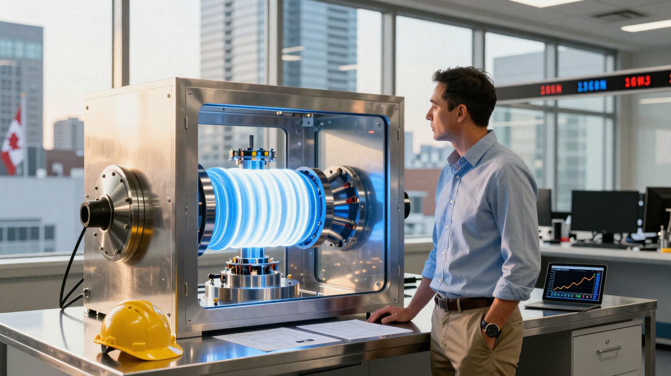 Homem a observar equipamento tecnológico brilhante numa bancada de laboratório moderno com gráficos no computador.