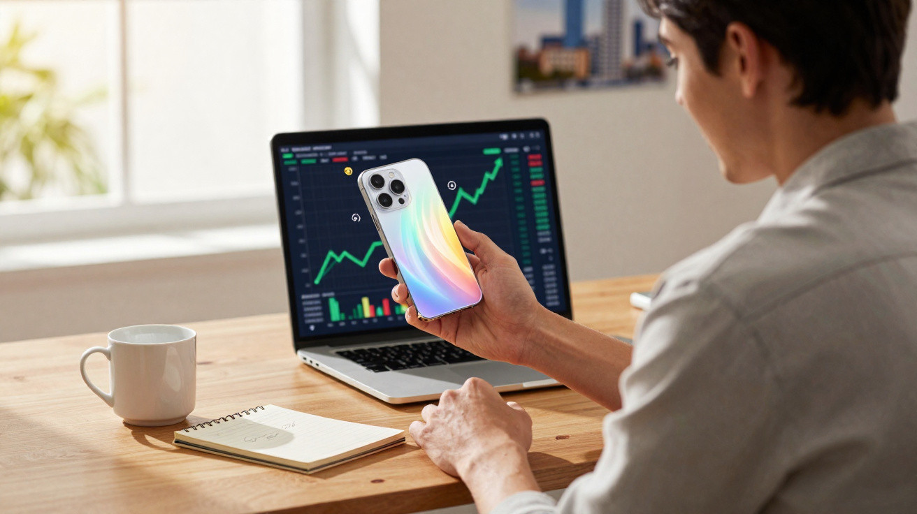 Homem sentado numa mesa com portátil a mostrar gráficos financeiros e a segurar um smartphone com capa brilhante.