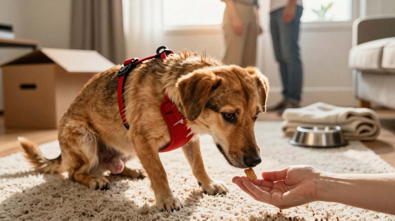 Cão castanho com arnês vermelho a receber um petisco de uma mão humana dentro de casa.