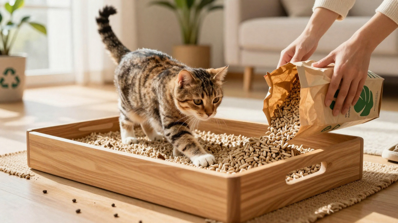 Gato a pisar pellets numa bandeja de madeira enquanto alimento é despejado por mãos humanas.